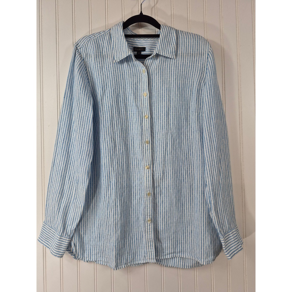 Talbots Women Blue White Striped 100% Linen Button Down Shirt
Size Medium